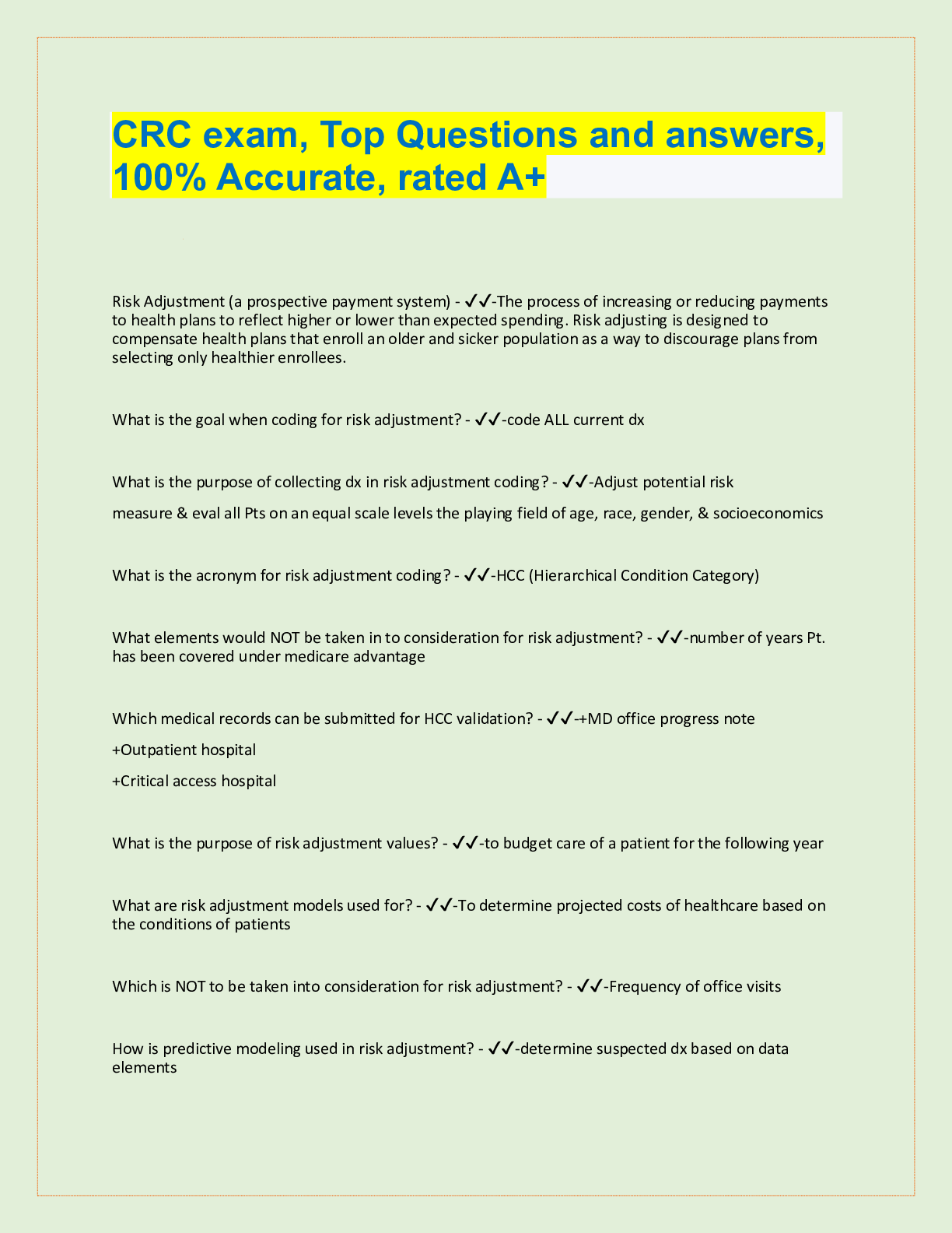 Preview image for CRC exam, Top Questions and answers,  100% Accurate, rated A+